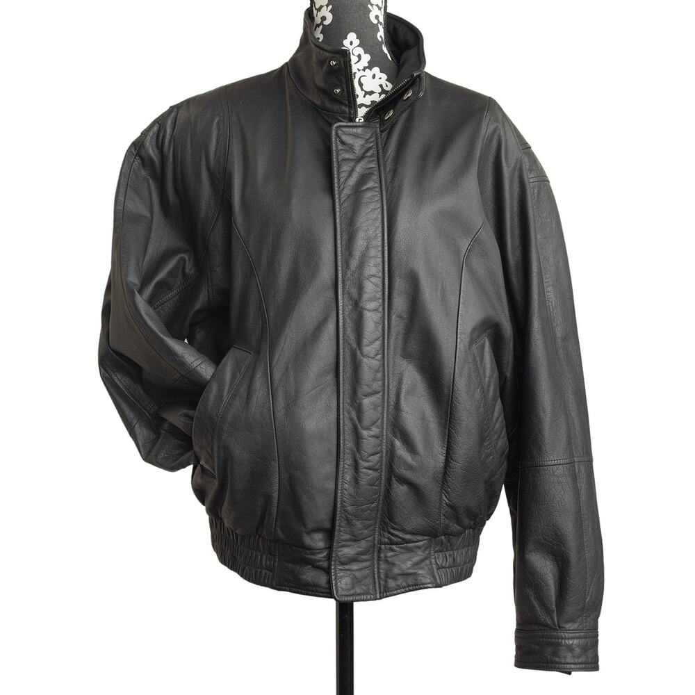 Mens Vintage 90s Trader Bay Black Genuine Leather Car Coat Bomber Jacket -EUC -M